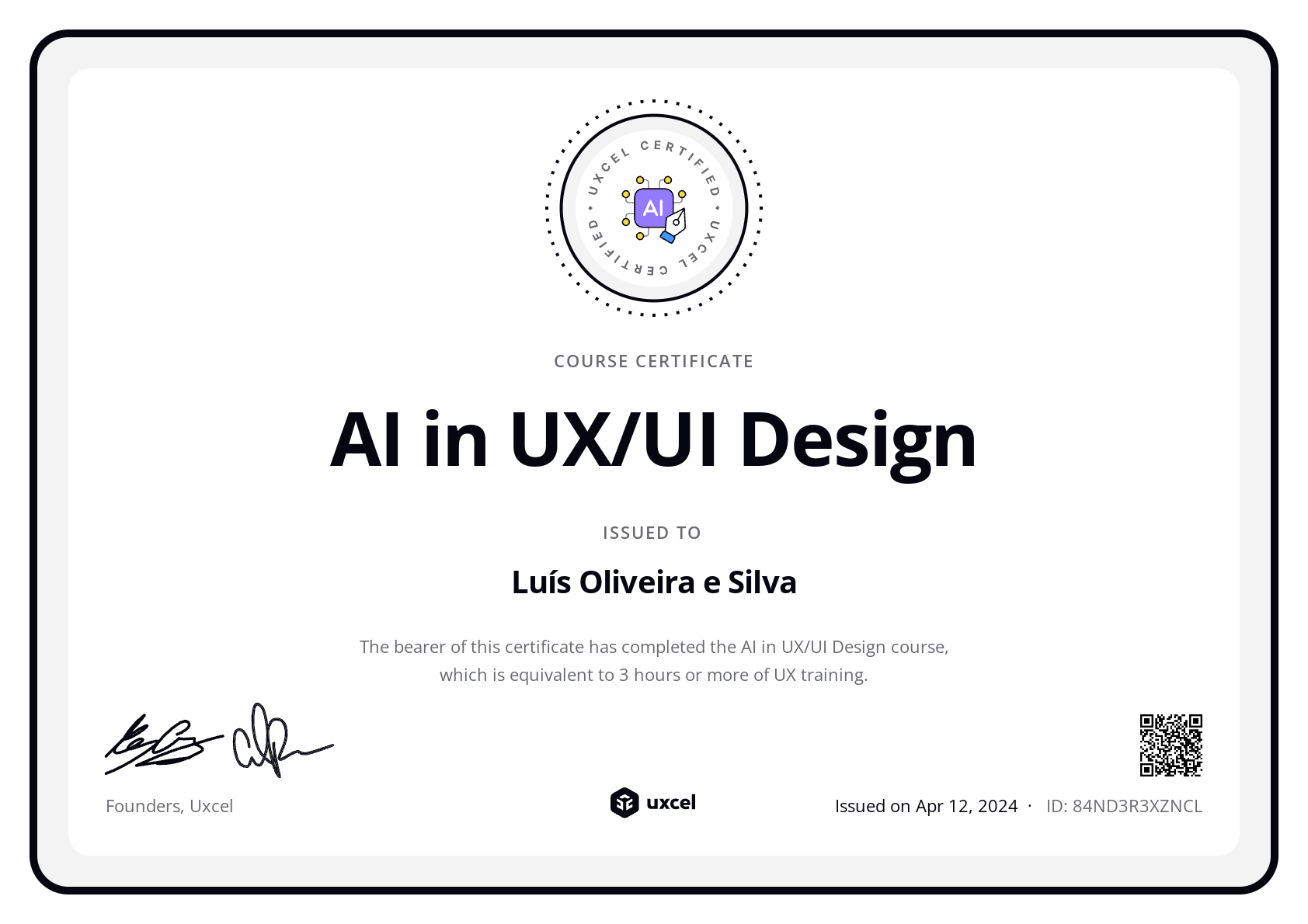 Luís Oliveira e Silva's certificate